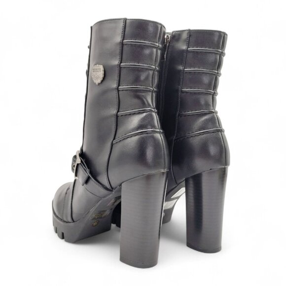 Milwaukee Women's Size 9 Black Leather Lace Up Block Heel Buckle Strap Moto Boot - Picture 12 of 14